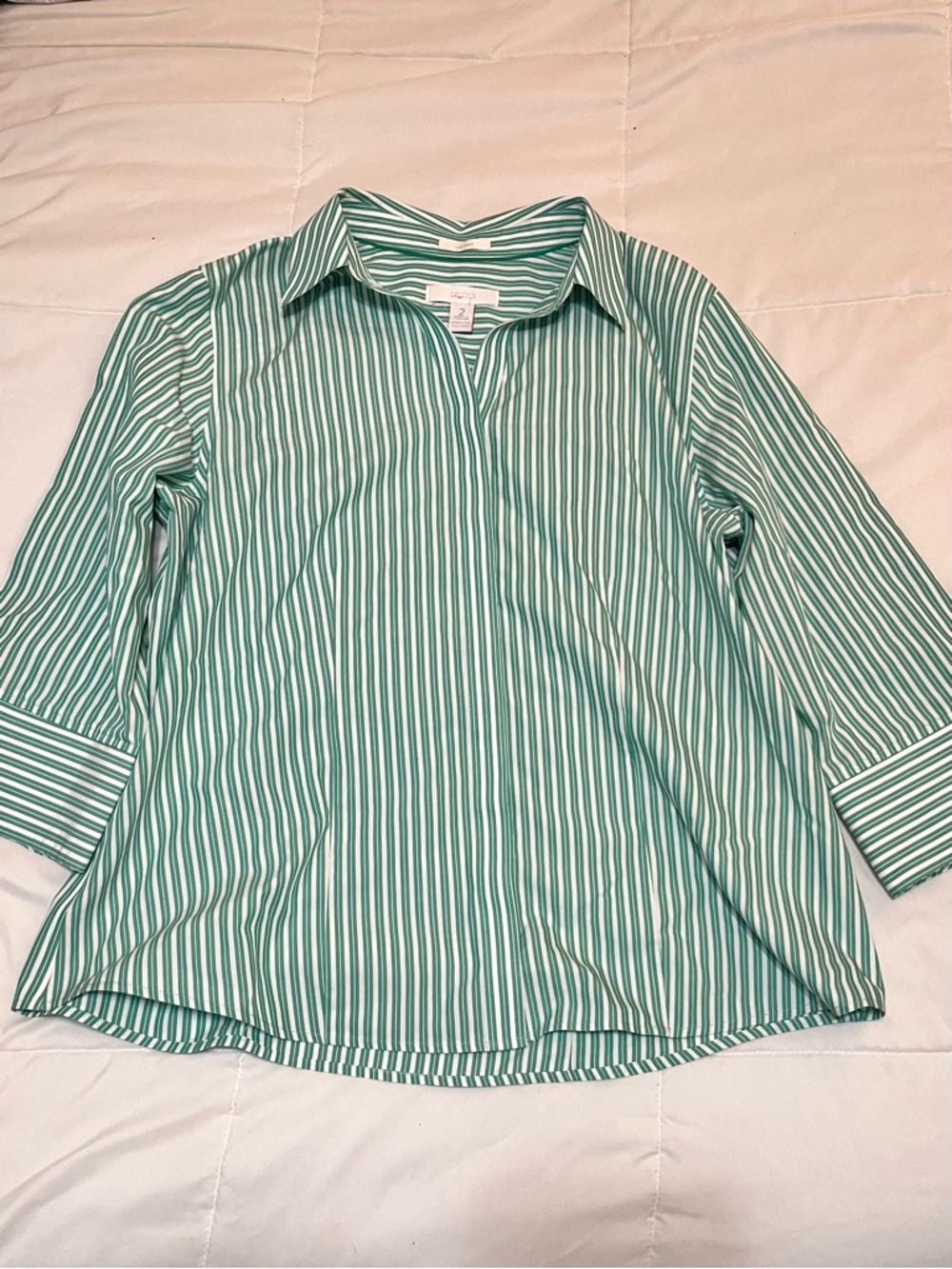 Chico’s Green and White Striped Button-Down Shirt
